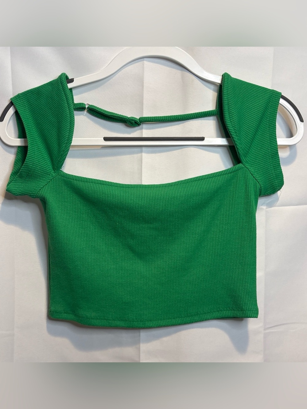 Green Ribbed Square-Neck Crop Top for Women